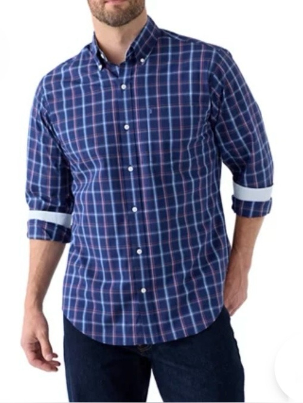 IZOD men's long- sleeve button-down shirt Mendieval Blue plaid pattern Size S